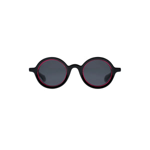 Sefsan Sphaira unisex sunglasses with transparent red frame, smoke lenses, modern rounded frame style, and comfortable fit front view