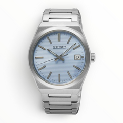 SUL EXTRAS Seiko Classic men's watch with a light blue textured dial, silver stainless steel case, and bracelet.