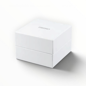 SUL EXTRAS white Seiko branded watch gift box on a neutral grey background