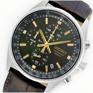 SUL EXTRAS Seiko chronograph watch with a green dial, gold-tone hands, and a brown embossed calfskin leather strap.