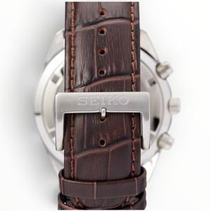 SUL EXTRAS Seiko watch featuring a brown embossed calfskin leather strap with a silver-tone pin buckle clasp.