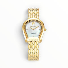 SUL EXTRAS Aigner Bitonto women's watch with gold horseshoe case, white mother-of-pearl dial, three diamonds, and scale bracelet.