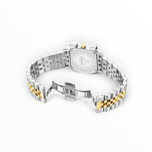 SUL EXTRAS Aigner Massa Due watch showing the engraved stainless steel caseback and open two-tone jubilee bracelet