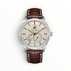 SUL EXTRAS Beverly Hills Polo Club automatic watch with cream textured dial, open-heart window, and brown leather strap.