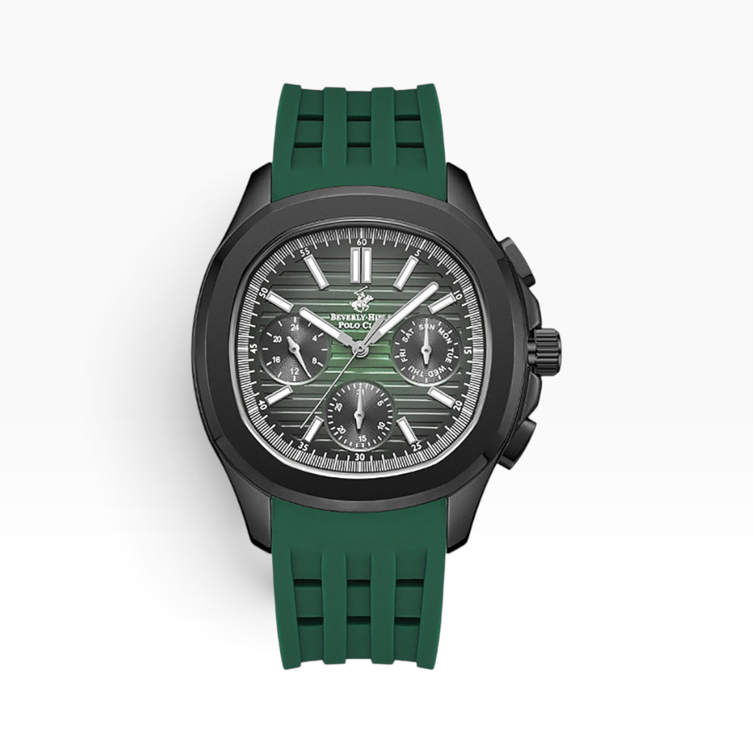SUL EXTRAS Beverly Hills Polo Club multifunction watch with a forest green striped dial and black cushion case.