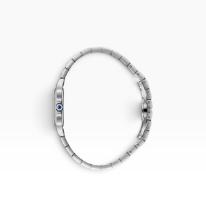 SUL EXTRAS Beverly Hills Polo Club silver watch with cushion case and blue cabochon crown, side view