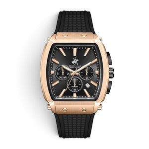 SUL EXTRAS Beverly Hills Polo Club tonneau watch with rose gold case, matte black dial, and ribbed black silicone strap.