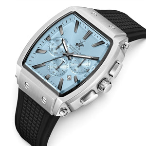 SUL EXTRAS Beverly Hills Polo Club tonneau watch with ice blue dial, silver stainless steel case, and black silicone strap