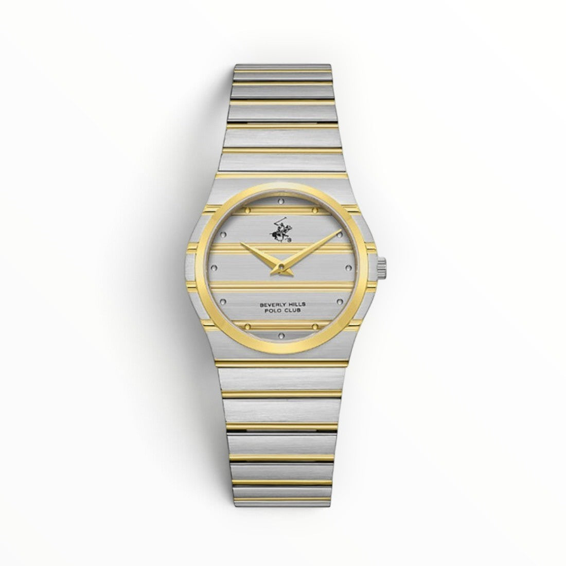 SUL EXTRAS Beverly Hills Polo Club two-tone women's watch with silver striped dial, gold bezel, and integrated band.