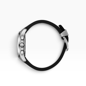 SUL EXTRAS Beverly Hills Polo Club watch side profile showing polished silver cushion case and black rubber strap