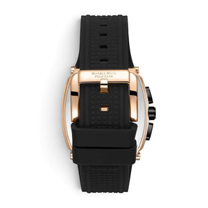 SUL EXTRAS Beverly Hills Polo Club watch featuring a black ribbed silicone strap and rose gold pin buckle