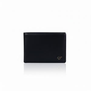 SUL EXTRAS Golden Frog Galleon black leather bi-fold wallet with gold logo detail on a white background