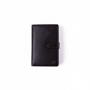 SUL EXTRAS Nuvola Pelle Byron brown leather wallet with a secure snap closure tab on a white background