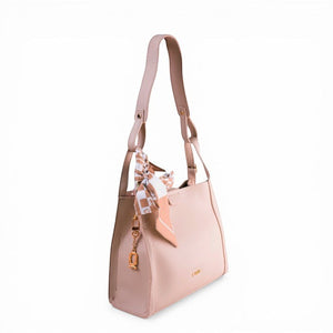 SUL EXTRAS cream shoulder bag with a patterned silk scarf and gold charm detail, side view