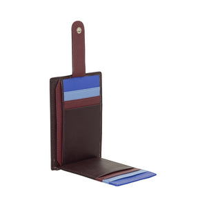 SUL EXTRAS Dudu card holder in brown leather with blue and burgundy accents, featuring a snap-button closure.