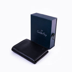 SUL EXTRAS Golden Frog Spain black leather bi-fold wallet with matching branded gift box