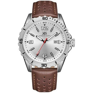 SUL EXTRAS Kenneth Scott Legacy analog watch with silver sunray dial, scalloped bezel, and perforated brown leather strap