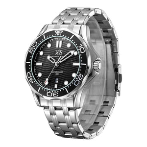 SUL EXTRAS Kenneth Scott 48mm stainless steel watch with a black wave-pattern dial and rotating bezel