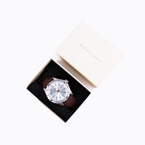 SUL EXTRAS Kenneth Scott Legacy analog watch with silver sunray dial and brown perforated leather strap in gift box