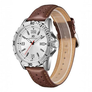 SUL EXTRAS Kenneth Scott Legacy watch with silver sunray dial, scalloped bezel, and perforated brown leather strap.