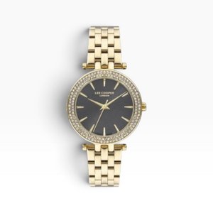 SUL EXTRAS Lee Cooper London gold women's watch with a charcoal sunray dial and a double-row crystal-set bezel.
