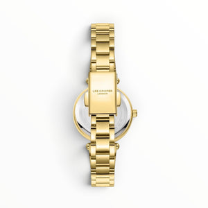 SUL EXTRAS Lee Cooper London women's watch showing the gold stainless steel bracelet and deployment clasp back view.