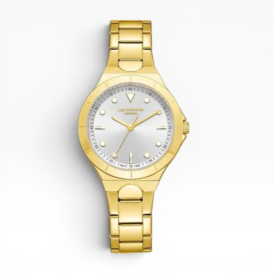 SUL EXTRAS Lee Cooper London gold-tone watch with a silver sunray dial, baton markers, and a polished link bracelet.