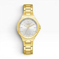 SUL EXTRAS Lee Cooper London gold-tone watch with a silver sunray dial, baton markers, and a polished link bracelet.