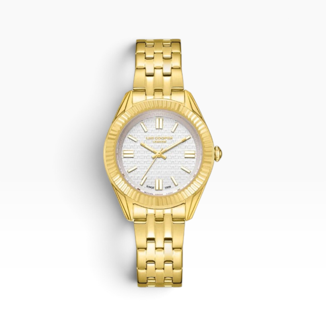 SUL EXTRAS Lee Cooper London gold women's watch with a white basket-weave dial and fluted coin-edge bezel.