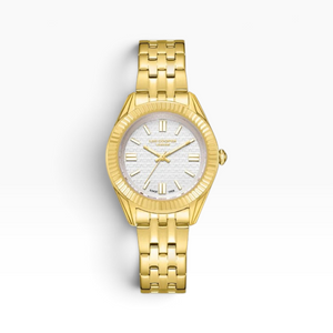 SUL EXTRAS Lee Cooper London gold women's watch with a white basket-weave dial and fluted coin-edge bezel.