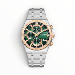 SUL EXTRAS Lee Cooper London men's chronograph watch with a forest green textured dial, rose gold bezel, and silver bracelet.