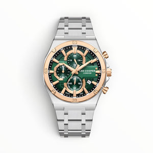 SUL EXTRAS Lee Cooper London men's chronograph watch with a forest green textured dial, rose gold bezel, and silver bracelet.