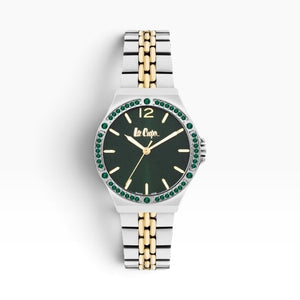 SUL EXTRAS Lee Cooper London women's watch with a forest green sunray dial, emerald crystal bezel, and two-tone strap.