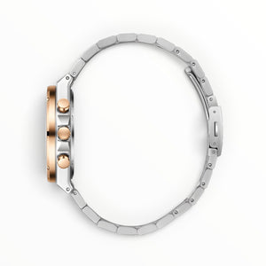 SUL EXTRAS Lee Cooper London men's chronograph watch side profile showing rose gold bezel and silver steel bracelet.