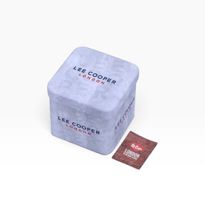 SUL EXTRAS Lee Cooper London signature white gift tin with branded booklet on a plain background