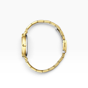 SUL EXTRAS Lee Cooper London gold women's watch side view showing the polished stainless steel bracelet and case.