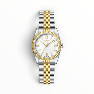 SUL EXTRAS Lee Cooper London women's two-tone watch with ivory mother-of-pearl dial, gold fluted bezel, and bracelet.