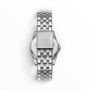 SUL EXTRAS Lee Cooper London women's watch showing the polished stainless steel five-link jubilee bracelet and clasp