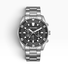 SUL EXTRAS Lee Cooper London silver stainless steel diver watch with black carbon-texture dial and ceramic bezel.