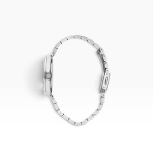 SUL EXTRAS Lee Cooper London women's watch side view showing the silver stainless steel bracelet and crystal bezel.