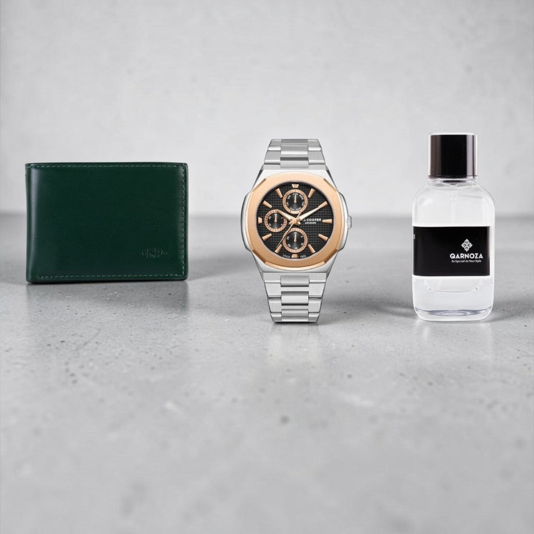 SUL EXTRAS Meridian Trio set featuring a Lee Cooper rose gold watch, forest green Nappa leather wallet, and perfume.
