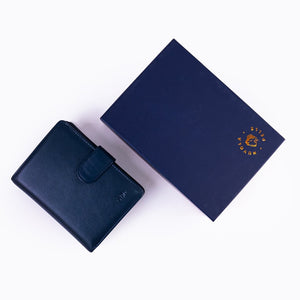SUL EXTRAS Nuvola Pelle Byron navy blue full-grain Nappa leather bi-fold wallet with matching luxury presentation box.