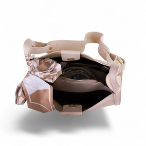 SUL EXTRAS off-white shoulder bag with a patterned silk-like scarf accessory and gold-tone hardware