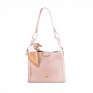 SUL EXTRAS off-white shoulder bag with a patterned silk-like scarf accessory and structured minimalist design