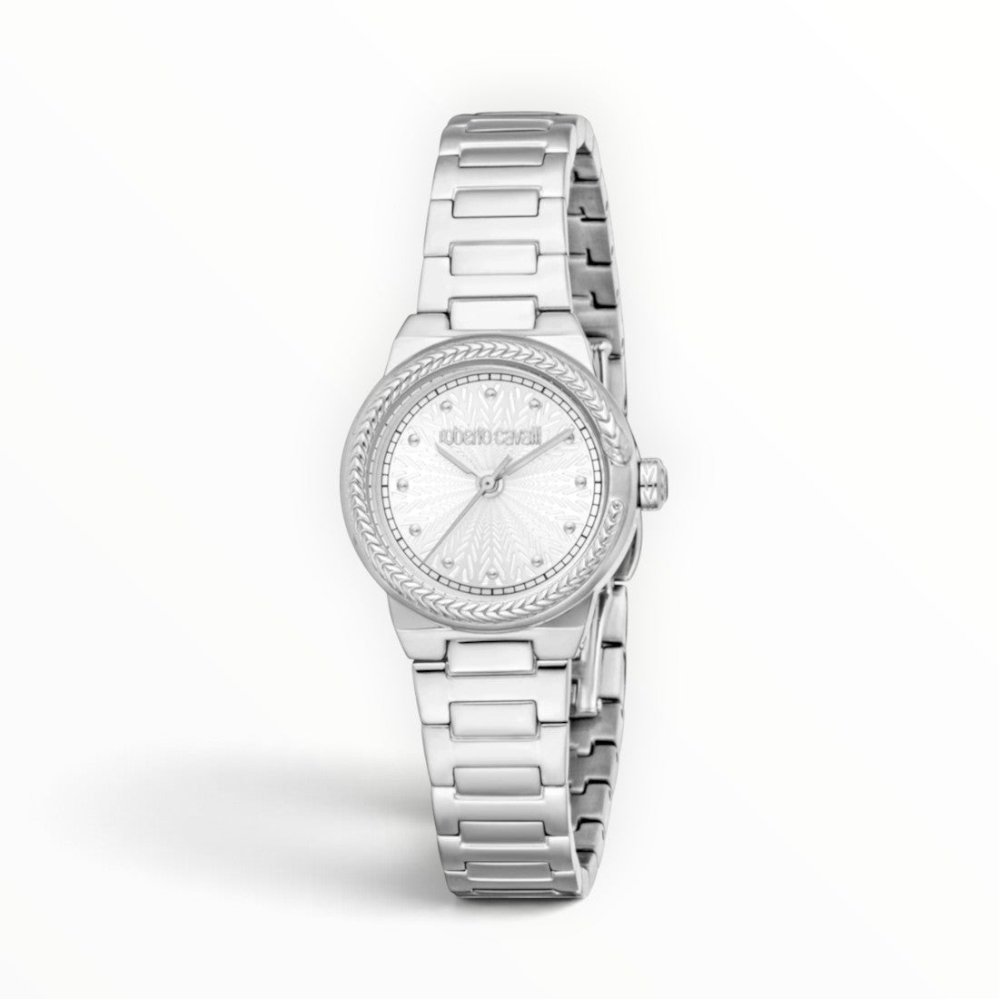 SUL EXTRAS Roberto Cavalli Lady 26mm watch with silver feather-embossed dial, braided bezel, and steel link bracelet.