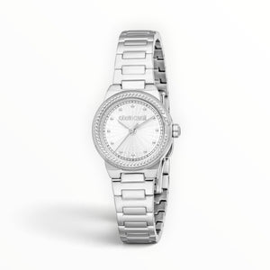SUL EXTRAS Roberto Cavalli Lady 26mm watch with silver feather-embossed dial, braided bezel, and steel link bracelet.