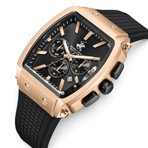 SUL EXTRAS Beverly Hills Polo Club tonneau watch with rose gold case, matte black dial, and ribbed black silicone strap.