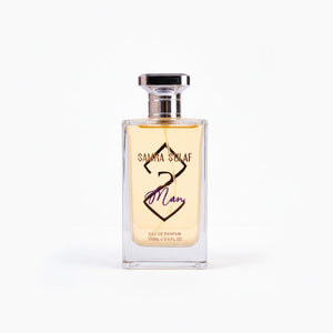 SUL EXTRAS Samra Sulaf Man eau de parfum in a rectangular glass bottle with a silver cap on a white background