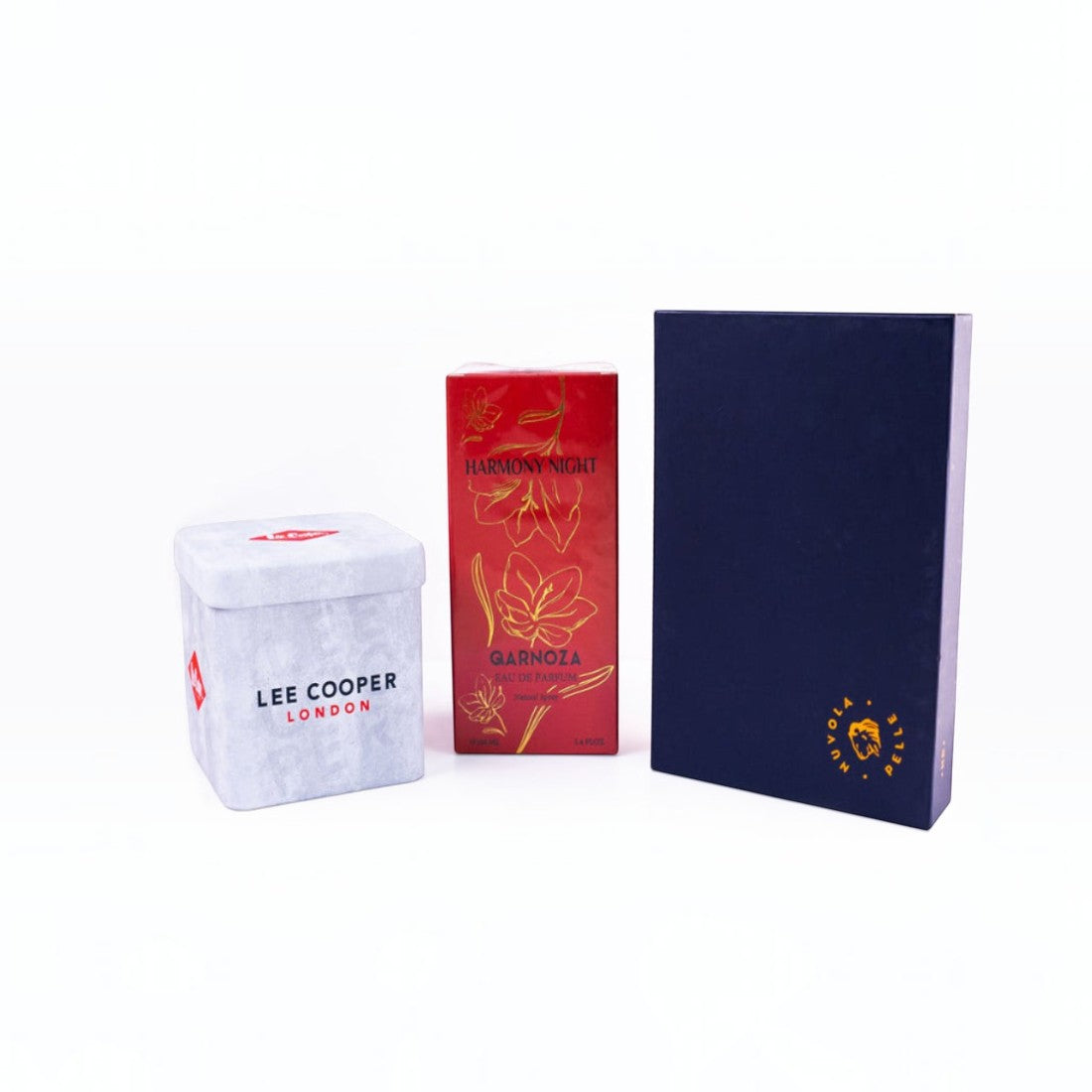 SUL EXTRAS Terra Nova Trio bundle featuring Lee Cooper watch box, Qarnoza perfume, and Nuvola Pelle wallet box.