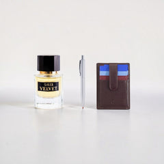 SUL EXTRAS Velvet Trio bundle featuring a perfume bottle, silver Titan steel pen, and brown leather Dudu card holder.